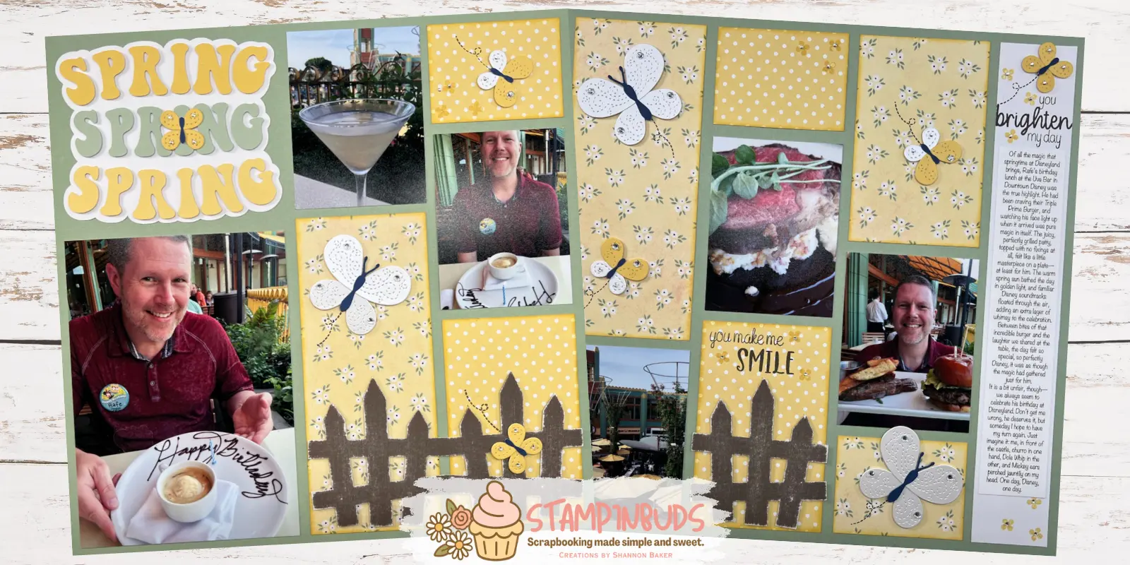 Two-page spring scrapbook layout with yellow floral, polka dot papers, and a day at Disneyland.