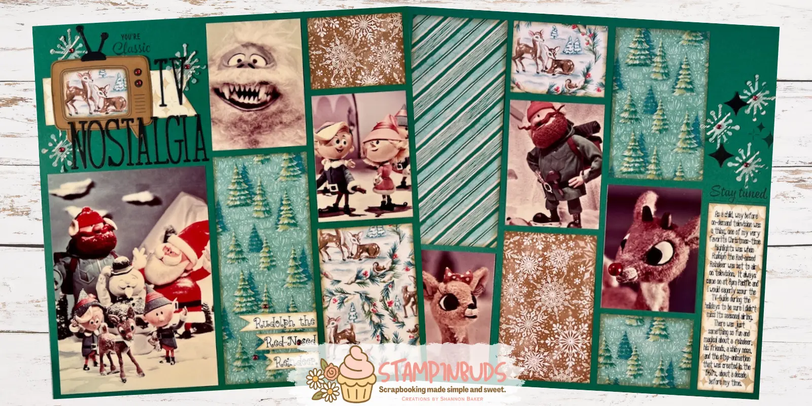 Two-page Christmas TV Nostalgia scrapbooking layout featuring scenes from Rudolph the Red-Nosed Reindeer.